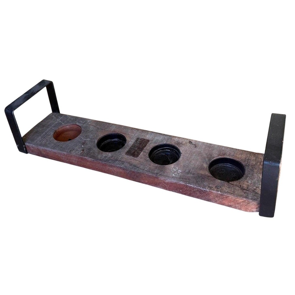 Rustic Farmhouse Candle Holder Wood 4 Votive Metal Handles Table Decor‎